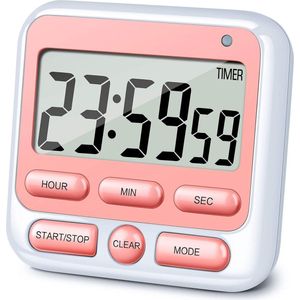 Digitale kookwekker met stille/luide alarm schakelaar, aan/uit-schakelaar, 24-uurs klok en alarm, geheugenfunctie, optellen en aftellen, roze