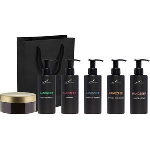 Handzeep Set - Fresh Ginger + Hamam + Hammam Herbal + Sweet Orange & Cedarwood + White Lotus en Scrubzout 300 gram - Claudius Cosmetics - bodycare - met luxe gift tas - set van 6 stuks - Cadeau - giftset voor hem en haar