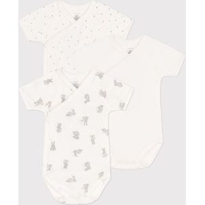 Petit Bateau Set van 3 katoenen overslagbody's met konijntjesprint en korte mouwen Unisex Rompertje - Meerkleurig - Maat 74