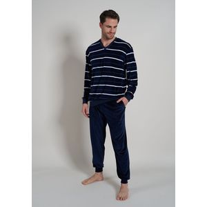 Gotzburg heren pyjama V-hals - donkerblauw gestreept - Maat: 3XL