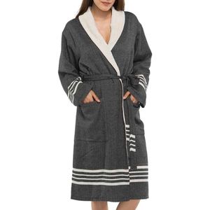 Hamam Badjas Nijl Black - maat M - Met Badstofvoering -  Hamam badjas - badstof - sauna badjas - duster - ochtendjas - sjaalkraag - unisex - dames heren