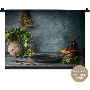 Wandkleed Kruiden en Specerijen - Rustieke tafel in de keuken Wandkleed katoen 60x45 cm - Wandtapijt met foto
