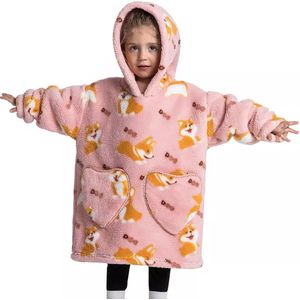 Fleece Hoodie Deken – Deken met Mouwen - Kinderen - Unisex - 3-6 Jaar - Roze Hondjes
