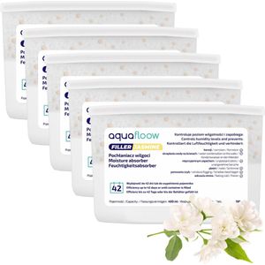 AquaFloow, set 5 vochtvreter, vochtabsorbers voor kasten, kleerkasten, keuken, badkamer, luchtontvochtiger, 400 ml, tegen vocht, voor ruimtes tot 9 m², de geur van jasmijn