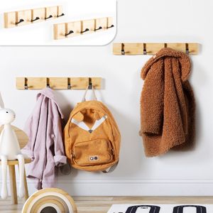 Gadgy Kapstok Hangend - Wandkapstok Hout Wand - Kinderkapstok met 8 Inklapbare Haken Zwart - Muur Kleerhanger Bamboe - Set van 2 - Max. 15kg draagkracht