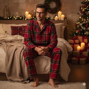 La V Flanel pyjamaset voor heren met geruit patroon Rood S