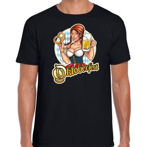 Oktoberfest drank fun t-shirt outfit - zwart - voor heren - bedrukt met Oktoberfeest elementen - bierfest kostuum / verkleedkleding L