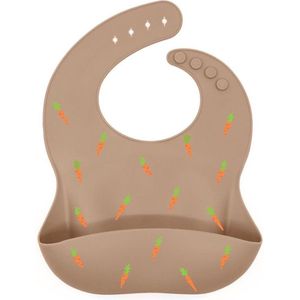 Siliconen Baby en Peuter Slabbetje met Opvangbakje | 0 t/m 4 jaar | Verstelbaar | BPA vrij | Vaatwasserbestendig | Taupe | Worteltjes | 33 cm