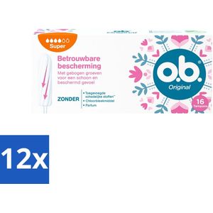 o.b. Tampons - Original Super - Gebogen Groeven - Voor Betrouwbare Bescherming - 16 Tampons - Voordeelverpakking - 12 stuks