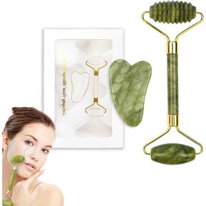Natuurlijke Gua-Sha steen en Jade Roller set - Anti-aging gezichtsroller - Natuurlijke Jade gezichtsroller voor massage van het gezicht, gezwollen ogen en dagelijkse huidverzorging