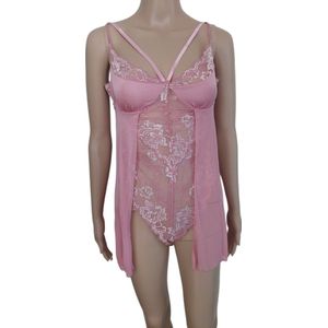 Dames - String Bodystocking - Lingerie - Met Kant en doorzichtig Lijfje - Kleur Lichtroze - Maat 36t/m44 - Cadeau - Kerst.