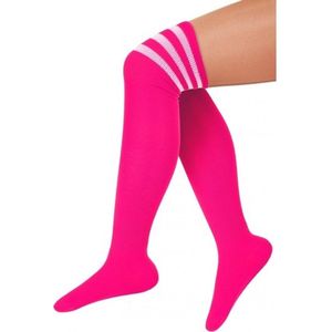 Knee-over Socks Fluor Roze met Witte Strepen One Size