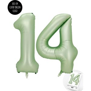 Cijfer Helium Folie Ballon XXL - 14 jaar cijfer - Olive - Groen - Satijn - Nude - 100 cm - leeftijd 14 jaar feestartikelen verjaardag