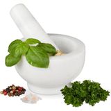 Relaxdays vijzel en stamper marmer - voor specerijen en kruiden - gepolijst - Ø 10 cm - 120 ml - wit