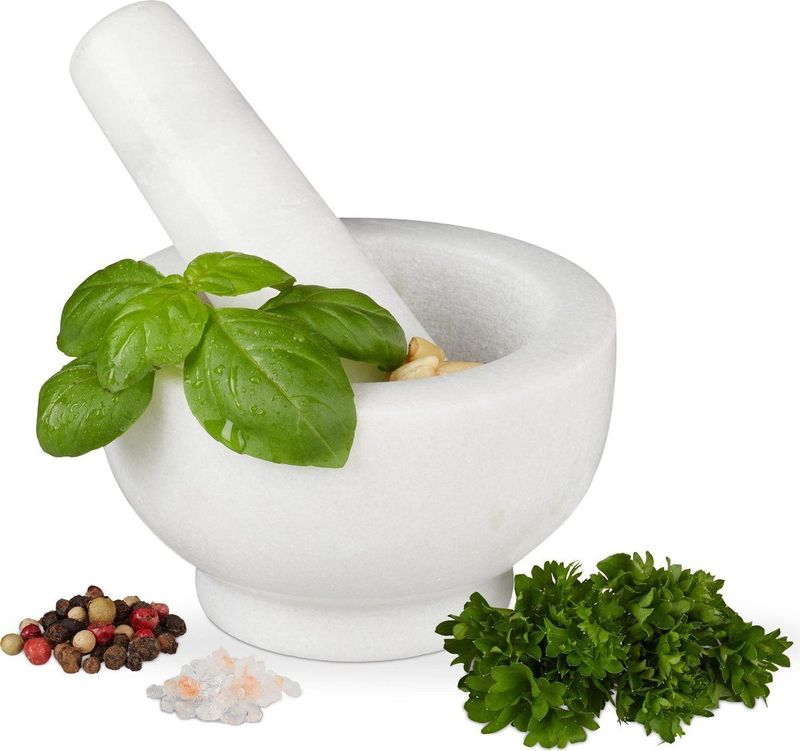 Relaxdays vijzel en stamper marmer - voor specerijen en kruiden - gepolijst - Ø 10 cm - 120 ml - wit