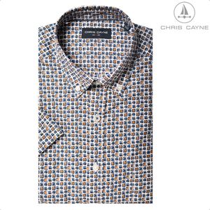 Chris Cayne heren overhemd korte mouw - maat M - met borstzak - kleur blauw/camel - geprint dessin - 100 % Katoen - 1075 - shirt heren - shirt M - borstzak