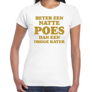 Bellatio Decorations Verkleed T-shirt dames - natte poes droge kater - wit - glitter goud - fout/goud/stout XS