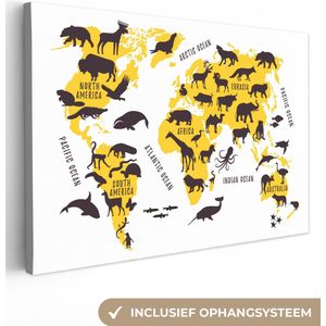 Canvas Wereldkaart - 140x90 - Wanddecoratie Wereldkaart - Geel - Dieren