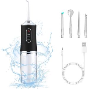 Waterflosser - Monddouche Elektrisch - Neusdouche - Monddouche - Flosapparaat - Draagbare waterflosser - 300 ml - 3 standen - 4 Opzetstukjes - Geschikt voor reizen, beugels thuis en brugverzorging - Kerstcadeau - Zwart