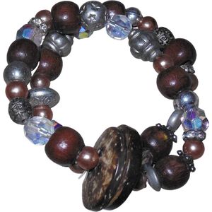 Armband dubbel met bruin-transparant-zilver en knoop