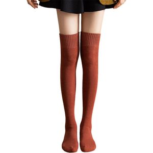 Gebreide kniekousen voor dames - zachte katoenen kniekousen - dikke badstof warme sokken - winter beenwarmersokken - lange laarzensokken - casual kniekousen - modieuze katoenen rollenspel kniekousen - Baksteenrood + Beige - 22*55cm