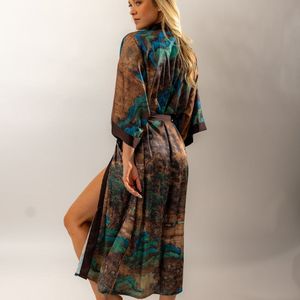 Kimomi - Kimono Dames Satijn donker groen – Kyoto Noir – Luxe satijnen Kimono / Loungewear / Badjas / Ochtendjas