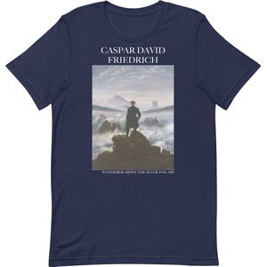 Caspar David Friedrich 'De Wandelaar boven de Nevelzee' (""Wanderer Above the Sea of Fog"") Beroemd Schilderij T-Shirt | Unisex Klassiek Kunst T-shirt | Navy | XL