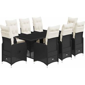 vidaXL 9-delige Bistroset met kussens poly rattan zwart - Bistroset - Bistrosets - Loungeset - Tuinset