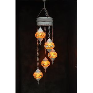 Hanglamp multicolour glas mozaïek 5 bollen Turkse Oosterse Crèmewit Marokkaanse kroonluchter