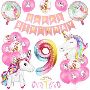 Eenhoorn verjaardagsset 9 jaar - Unicorn versiering - Feestartikelen eenhoorn - Eenhoorn feestdecoraties - Verjaardagsversiering eenhoorn - Eenhoorn verjaardagsfeest - Eenhoorn ballonnen - Eenhoorn slingers - Eenhoorn taartdecoratie