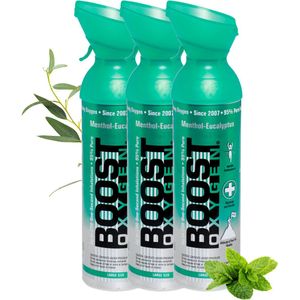 Boost Oxygen 9 liter - Menthol-Eucalyptus - 95% Pure Zuurstof - Tot wel 600 inhalaties - Ademhalingsondersteuning voor sport herstel, hoogte, prestaties en gezondheid - Zuurstoffles - 3x 9L (3 pak, 27L totaal)