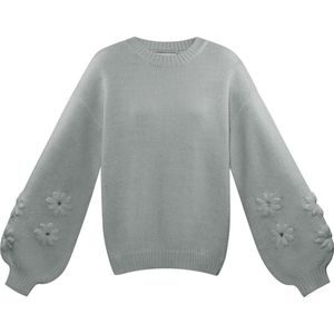 Lovely floral touch trui - nieuwe collectie - herfst/winter - gebreid - bloemen - pofmouwen - dames - grijs - maat S/M