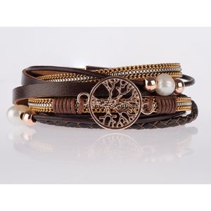 Armband Dames Rosegoud- Leren Wikkelarmband Galeara design Rosekleurig Bruin Dames Levensboom 21,5cm - Galeara design