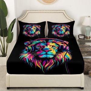 Graffiti Hoeslaken 160x200 cm – Coole Muziekstijl met Cartoon Leeuw en Safari Dieren, Perfect Beddengoed voor Jongens en Meisjes