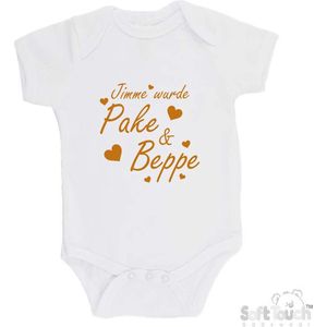 100% katoenen Romper ""Jimme wurde Pake & Beppe met hartjes"" zwangerschapsaankondiging Fries Unisex Katoen Wit/tan Maat 62/68