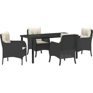 vidaXL - 5-delige - Tuindining - Set - met - Kussens - Zwarte - Poly - Rattan