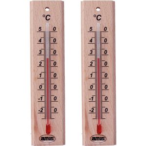 Amig Thermometer binnen/buiten - 2x - hout - bruin - 14 x 3 cm