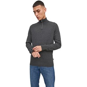 Heren Gebreide Trui met Half Zip, Donkergrijs Gemêleerd, Maat L