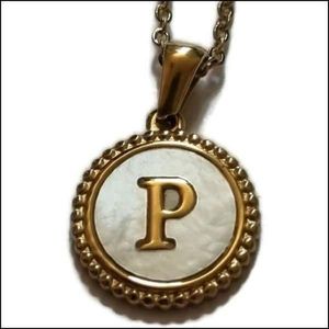 Aramat jewels -ketting-letter p- chirurgisch staal -wit- schelp - goudkleurig-45cm - dames- rond