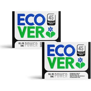 Ecover Vaatwastabletten Voordeelverpakking All-in-One Power - 90 Stuks - Lemon & Lemongrass - Extra Sterk Tegen Hardnekkige Vlekken - Zonder Plastic Omhulsel - Plantaardig