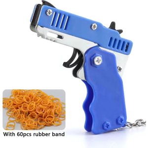 Elastiekpistool opvouwbaar – Sleutelhanger – Blauw –  Pistool sleutelhanger – Met 60 elastiekjes – Speelgoed – Metaal