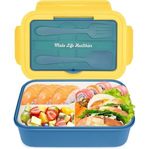 Lunchbox Bento lunchbox, 1400 ml lunchbox voor volwassenen en kinderen, lunchbox, lekvrij met 3 compartimenten, broodtrommel, lunchbox, magnetronbestendig, ingebouwde bestekset, lepel en vork, blauw