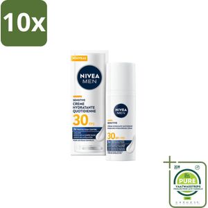 10 x NIVEA MEN – Gezichtscrème – Sensitive, Gevoelige huid, SPF30 – 50 ml - Grootverpakking - Gevoelige Huid - Hydraterende Crème - SPF30 - Zonbescherming - Blauw Licht Bescherming