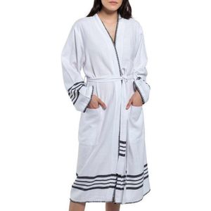 Hamam Badjas Krem Sultan Kimono White Black - S - unisex - hotelkwaliteit - sauna badjas - luxe badjas - dunne zomer badjas - ochtendjas