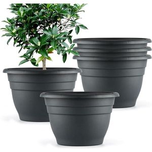 Plastic plantenbakken - Set van 5 - 25 cm ronde bloempotten - Met drainagegaten - Tuinpotten voor binnen en buiten - Donkergrijs