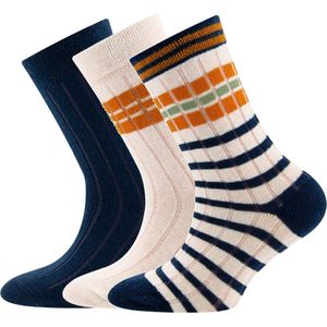 3-Pack Kindersokken Ewers met Ribpatroon - Set van 3 paar - Effen Donkerblauw en Creme met Strepen Donkerblauw en Oranjebruin-23/26