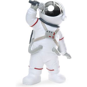 BRUBAKER Decoratieve figuur astronaut zanger - 20 cm ruimtefiguur met microfoon en verchroomde helm - handbeschilderd modern ruimtevaartbeeld voor muzikanten - wit en zilver