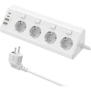 Hoekstopcontact 4-voudig, tafelstopcontact met 2 USB C, hoekstekkerdoos met 4 USB, bureau-stopcontact, keukenstopcontact, wandmontage, meervoudig stopcontact met schakelaar, 2 m, wit
