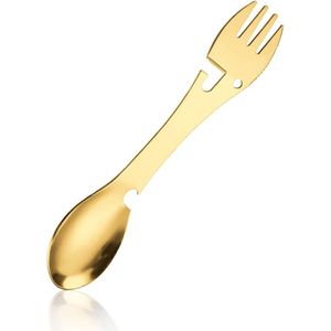 5 in 1 Spork - Lepel, vork, mes, blik en fles opener - camping bestek - rvs spork - goud