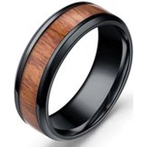 Ring Heren Zwart ingelegd met Hout - Staal - Ringen Mannen Dames - Cadeau voor Man - Mannen Cadeautjes
